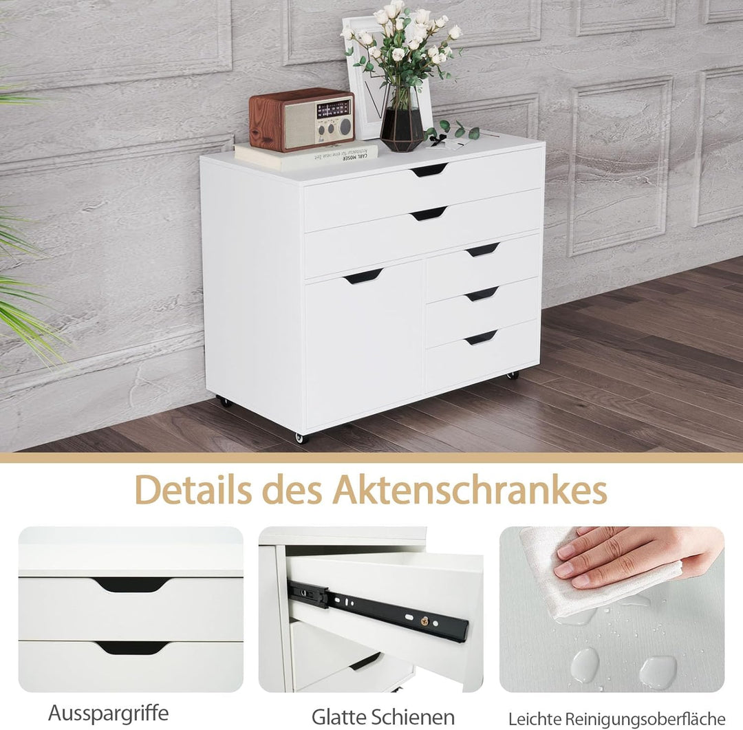 GOPLUS Aktenschrank mit 5 Schubladen, Mobile Kommode mit Seitenschrank & 5 Rollen, Rollbarer Bürosch