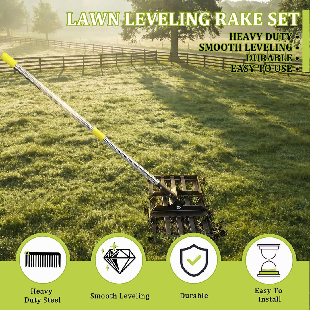 Rasenrakel, 198cm, 43x25cm Edelstahl Rasen-Nivelliergerät mit Ergonomischem Griff für Garten & Hof -