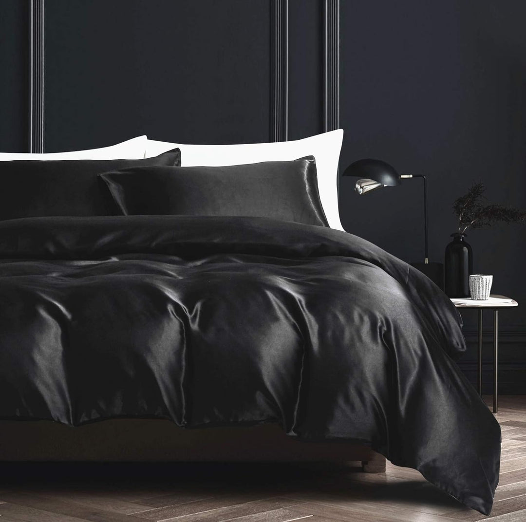 Damier Bettwäsche 135x200cm Schwarz Satin Bettbezug Set Uni Einfarbig Deckenbezug Hochwertiges Delux