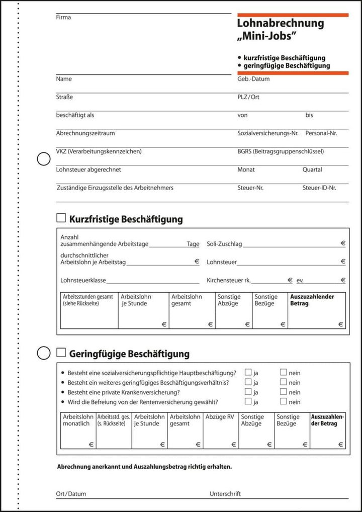SIGEL LO519/10 Lohnabrechnungen für Mini-Jobs, für geringfügige / kurzfristige Beschäftigung, A5, 10
