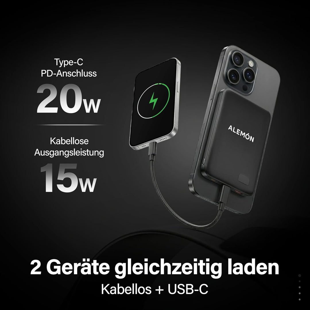 Magnetische Powerbank, Wireless & USB-C, 5000mAh, 15W/20W Schnellladung, Ultra Slim 7,8mm, kompatibe