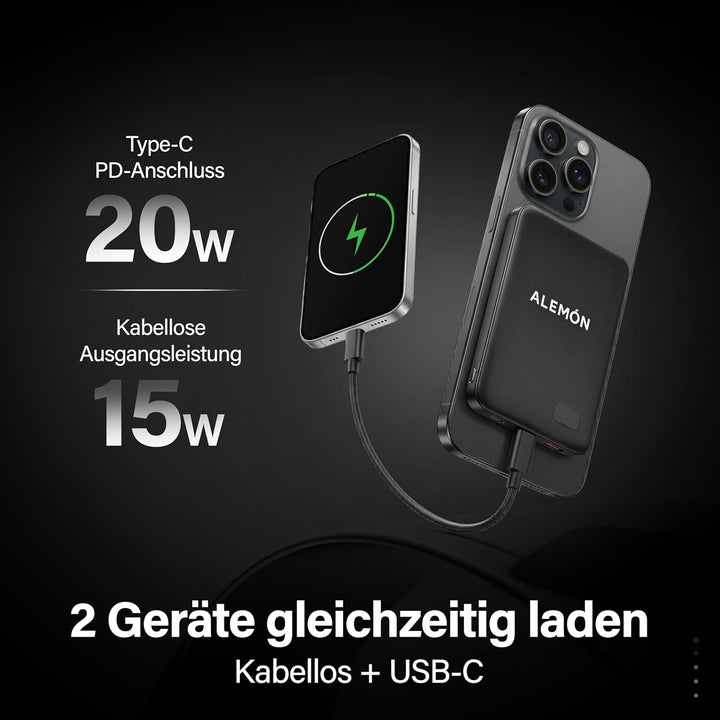 Magnetische Powerbank, Wireless & USB-C, 5000mAh, 15W/20W Schnellladung, Ultra Slim 7,8mm, kompatibe