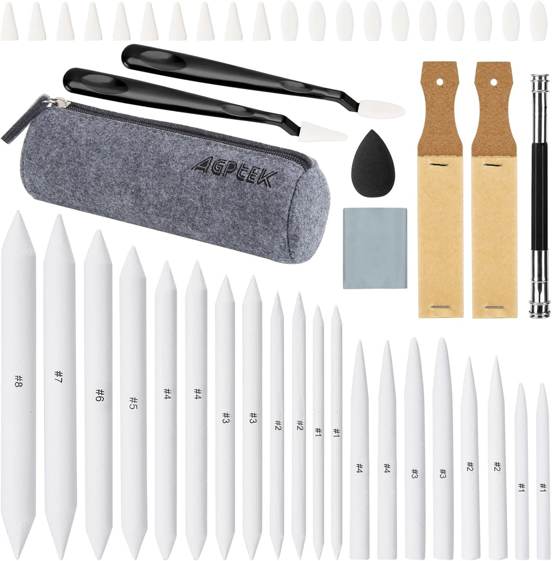 AGPTEK 48 PCS Sketch Drawing Tools, 20 Blending Stümpfe Set mit 2 Sandpapier Bleistiftspitzer, Bleis
