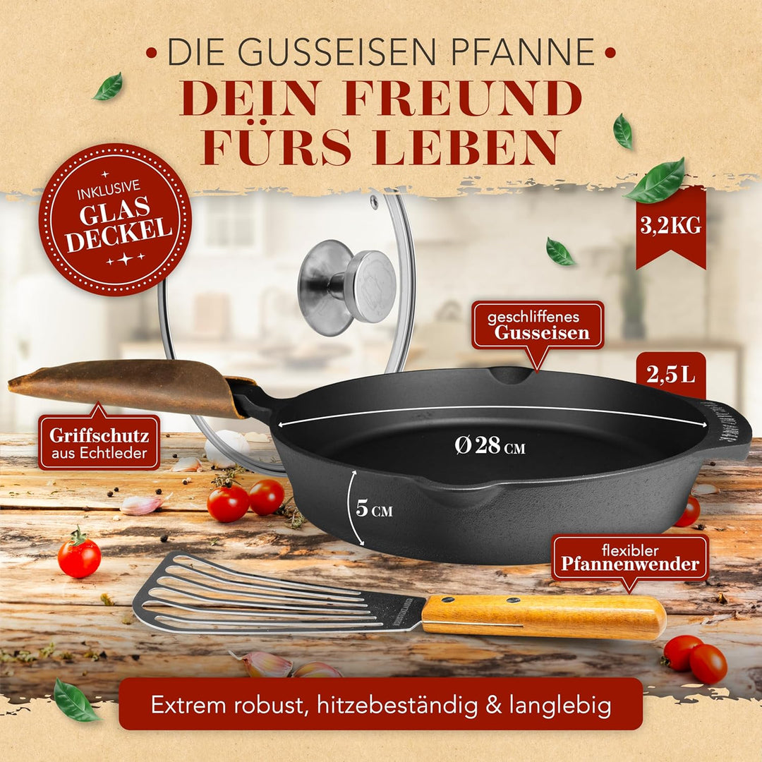 KRUSTENZAUBER Gusseisenpfanne Induktion 28cm inkl. Deckel und Pfannenwender - Geschliffene Pfanne Gu