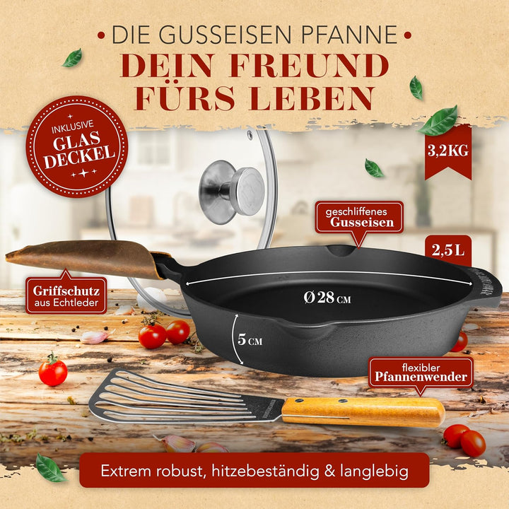 KRUSTENZAUBER Gusseisenpfanne Induktion 28cm inkl. Deckel und Pfannenwender - Geschliffene Pfanne Gu