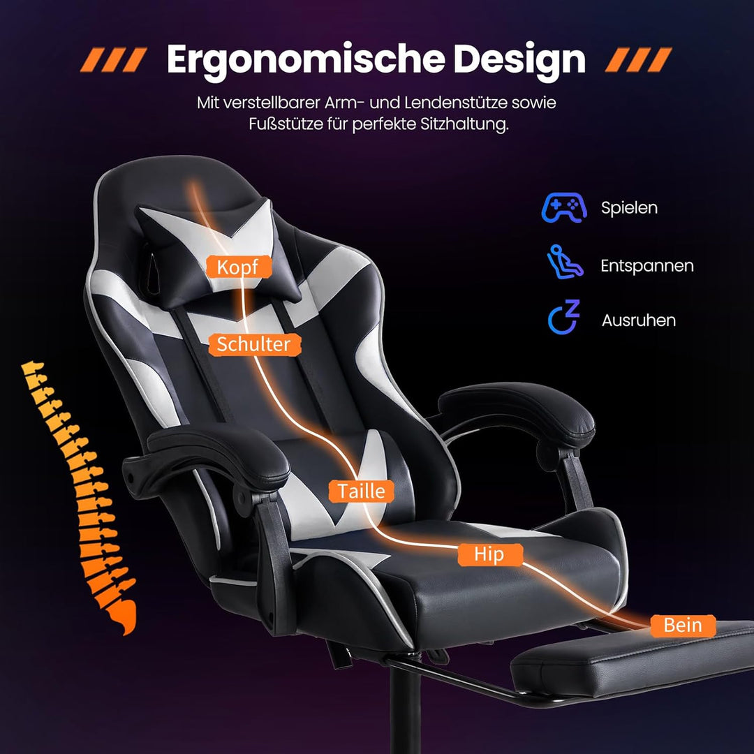 Sweetcrispy Gaming Stuhl, Gaming Chair mit Fussstütze Kopfstütze Lendenwirbelstütze, Ergonomischer P