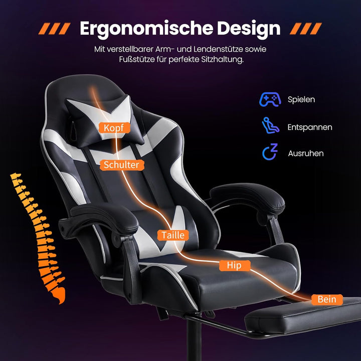 Sweetcrispy Gaming Stuhl, Gaming Chair mit Fussstütze Kopfstütze Lendenwirbelstütze, Ergonomischer P