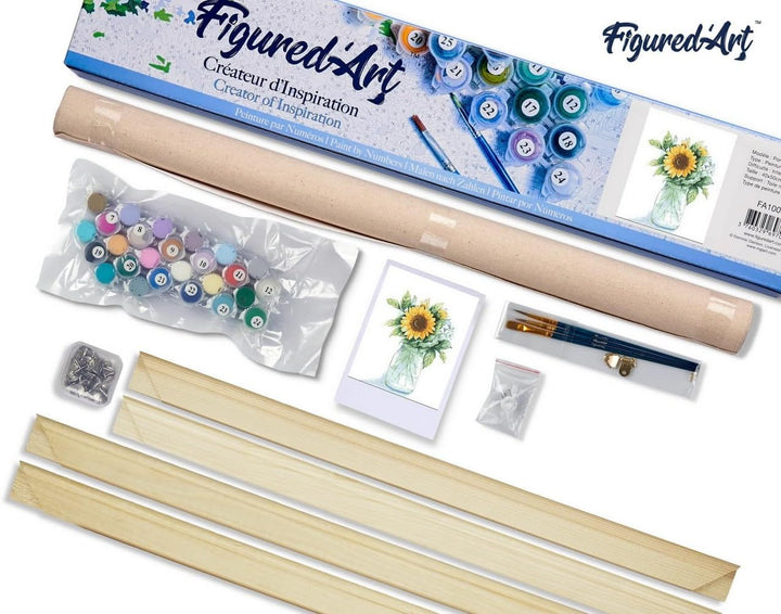 Figured'Art Malen Nach Zahlen Erwachsene Mit Rahmen Sonnenblumen im Glas - Paint by Numbers Basteln