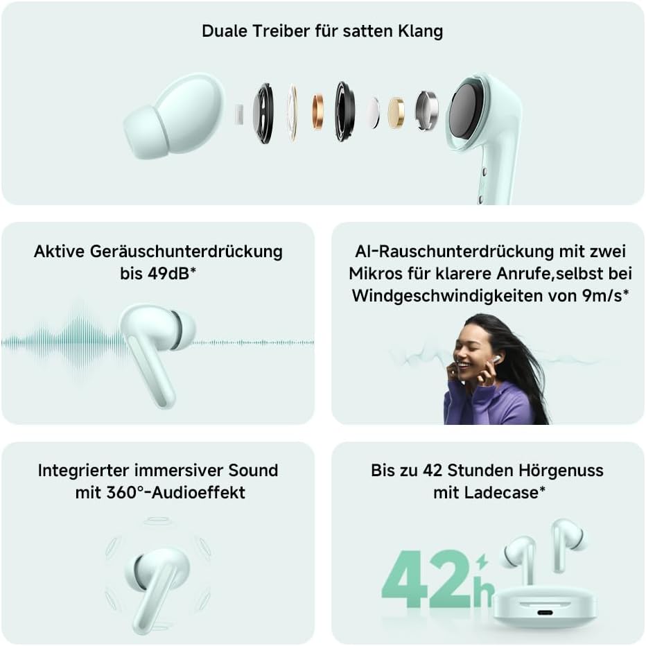 Xiaomi Redmi Buds 6 – Kabellose Bluetooth-In-Ear-Kopfhörer, Dual-Treiber, immersiver Sound, 49 dB ak