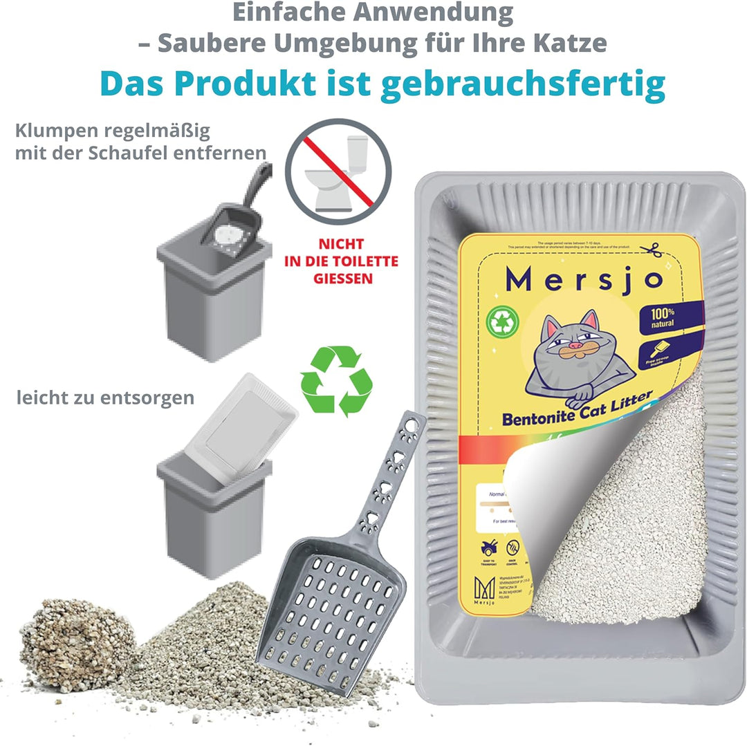 Einweg-Katzenstreu Set, 5x2,7l Bentonit-Streu mit pH-Indikator, Schale und Kehrblech, 5x2,7L