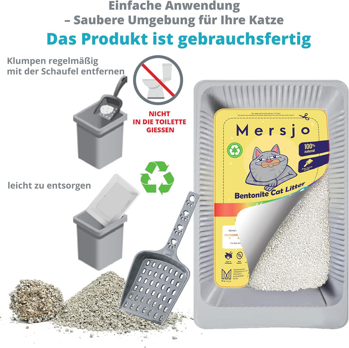 Einweg-Katzenstreu Set, 5x2,7l Bentonit-Streu mit pH-Indikator, Schale und Kehrblech, 5x2,7L