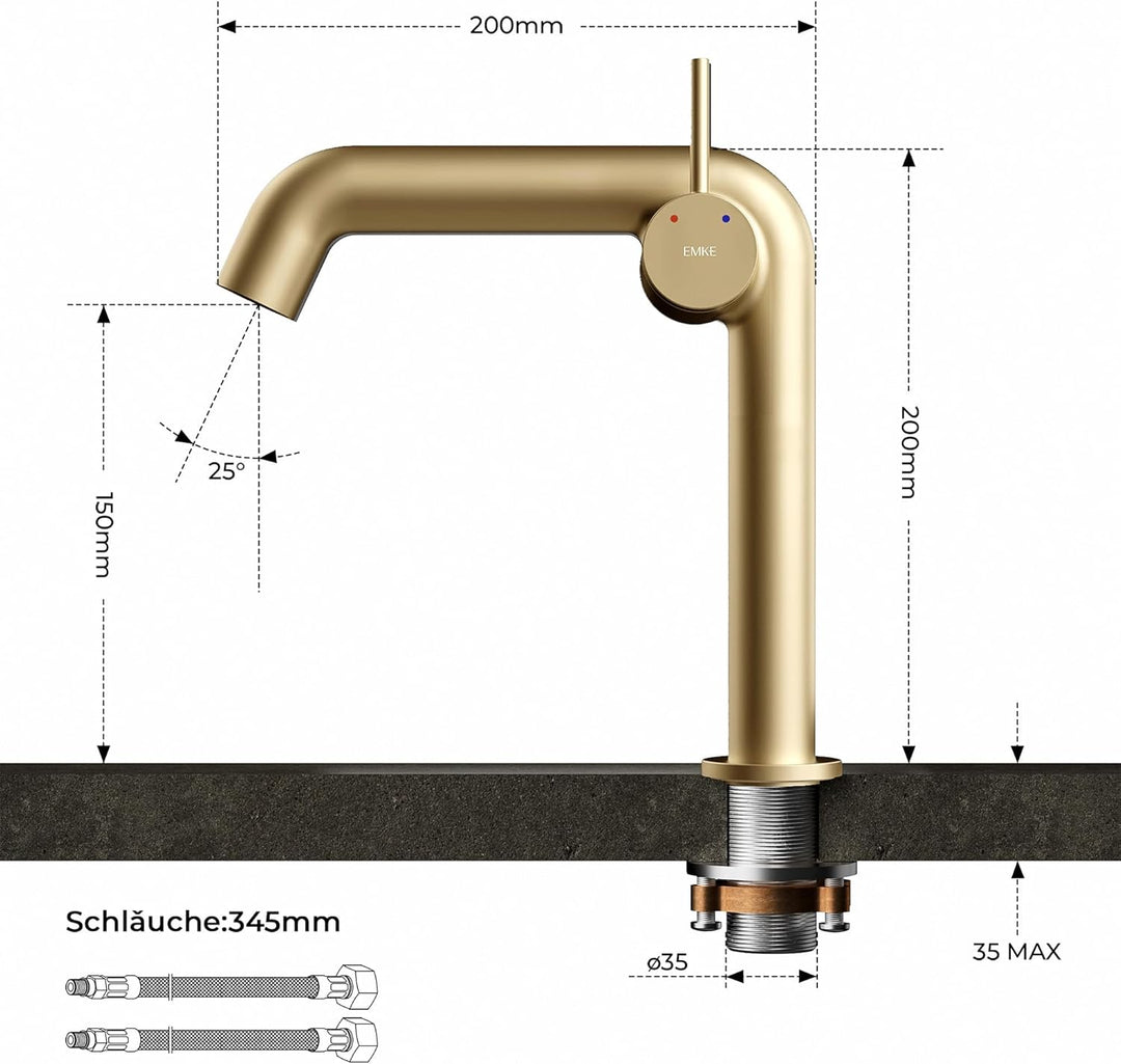 EMKE Wasserhahn Bad Champagnergold, 222 x 200 x 76 mm, Messing, Keramikkartusche, Badarmatur, Wasser
