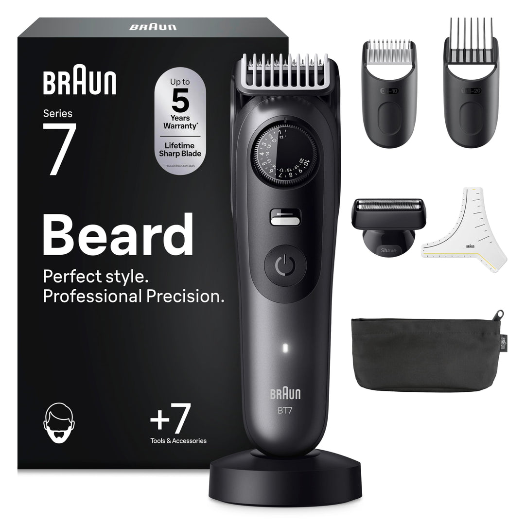 Braun Barttrimmer Series 7, Elektrischer Bartschneider Herren mit 7 Zubehörteile, Lebenslang scharfe