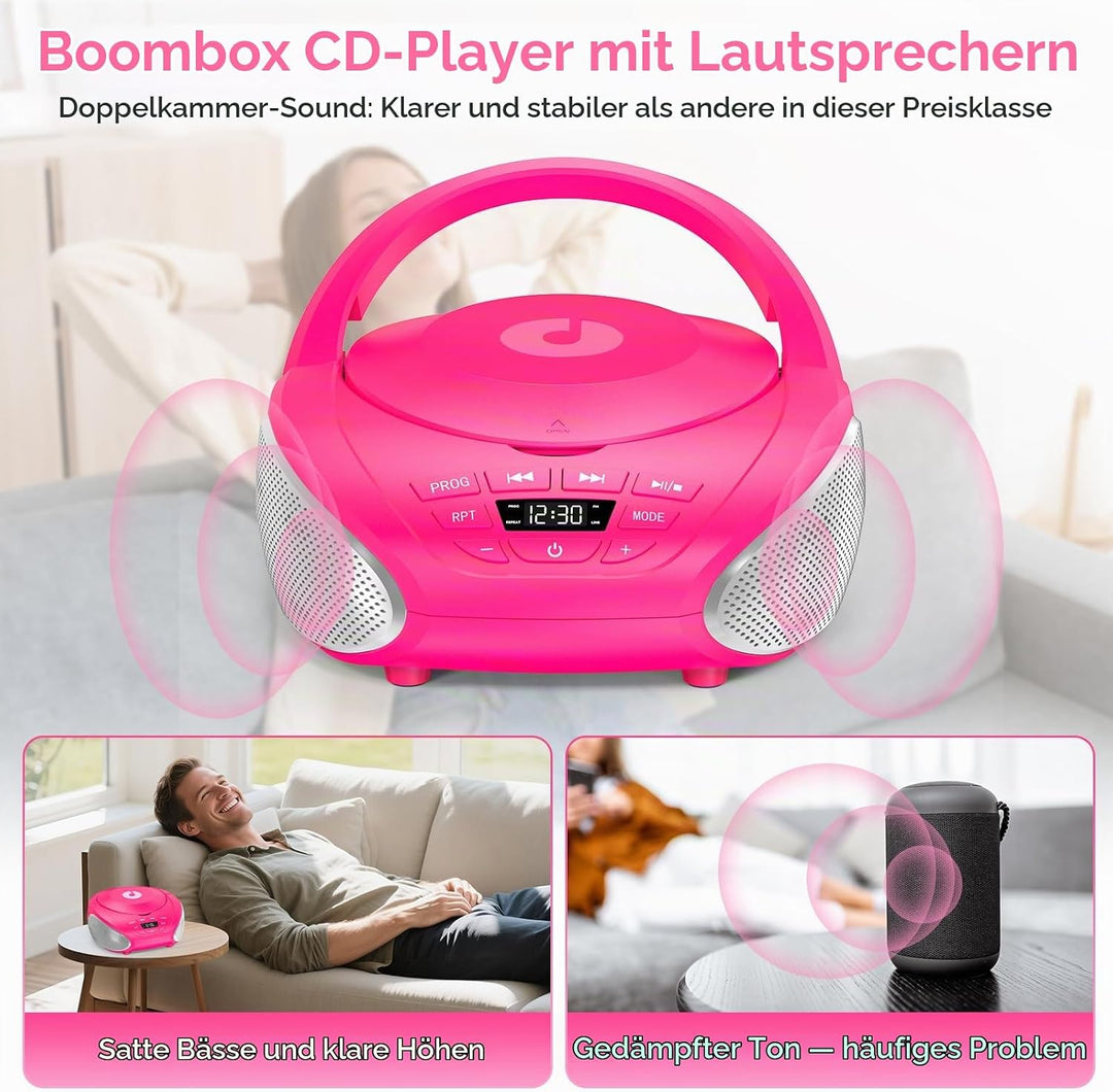 Gueray Tragbarer CD-Player Boombox Kompakt-Radio mit Stereo-Lautsprechern UKW-Radio 3,5-mm-AUX-Einga