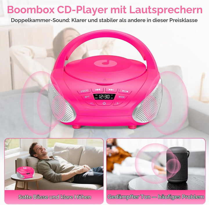 Gueray Tragbarer CD-Player Boombox Kompakt-Radio mit Stereo-Lautsprechern UKW-Radio 3,5-mm-AUX-Einga