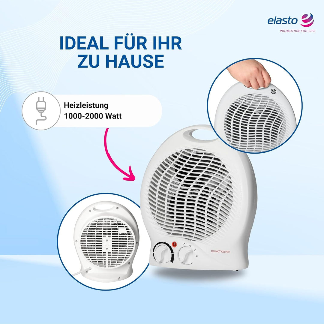 elasto – Heizlüfter "Mobil" 2000W inkl. Ventilator – tragbares Heizgerät mit Thermostat & 4-Stufen-S