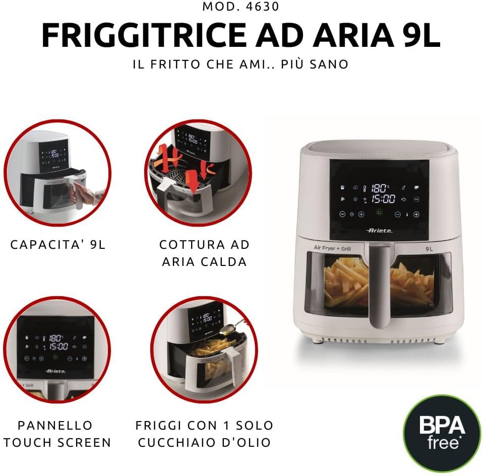 Ariete 4630 Luftfritteuse 9 l, 1500 W, Fassungsvermögen 9 l, Kochkapazität 3,5 kg, 8 voreingestellte