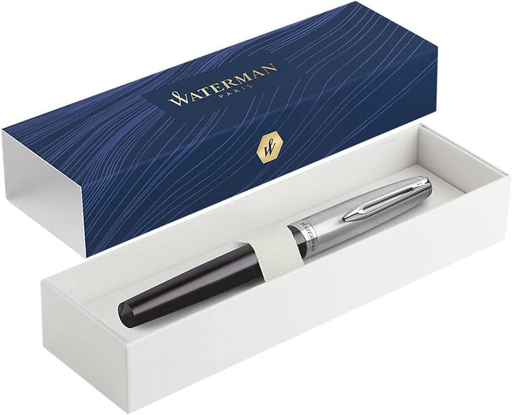 Waterman Emblème Rollerball, schwarz mit Chromzierteilen, feine Schreibspitze, schwarze Tinte, Gesch