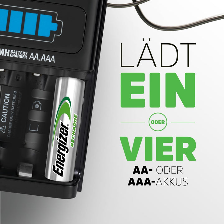 Energizer Batterieladegerät, wiederaufladbare für AA/AAA Batterien, Recharge 1-Hour, 1 Stück AA (4er