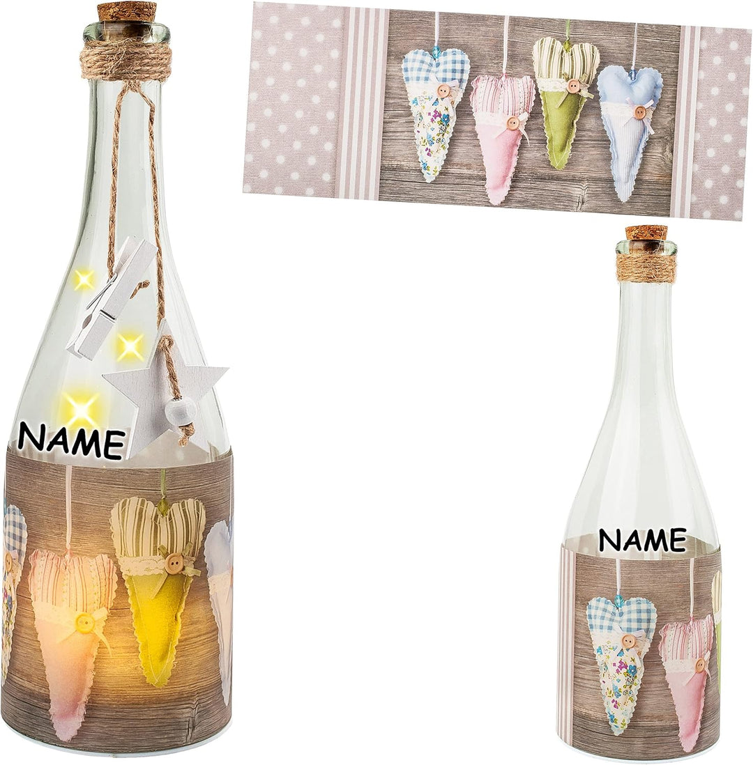 2 Stück Glas - Lichterflaschen Motiv wählbar LED Lichter Lieblingsmensch & Herzen - Liebe inkl. Name