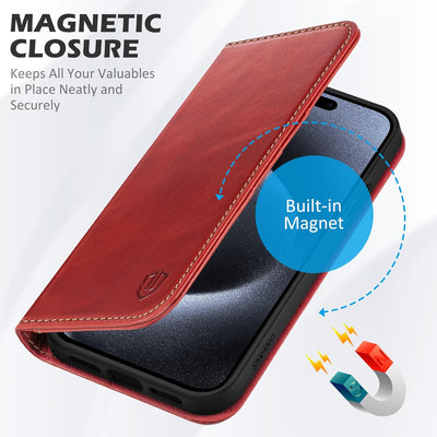 SHIELDON Hülle für iPhone 15 Pro, Lederhülle [Echtleder] [RFID Blocker] [Kartenfach] [Magnet] TPU St