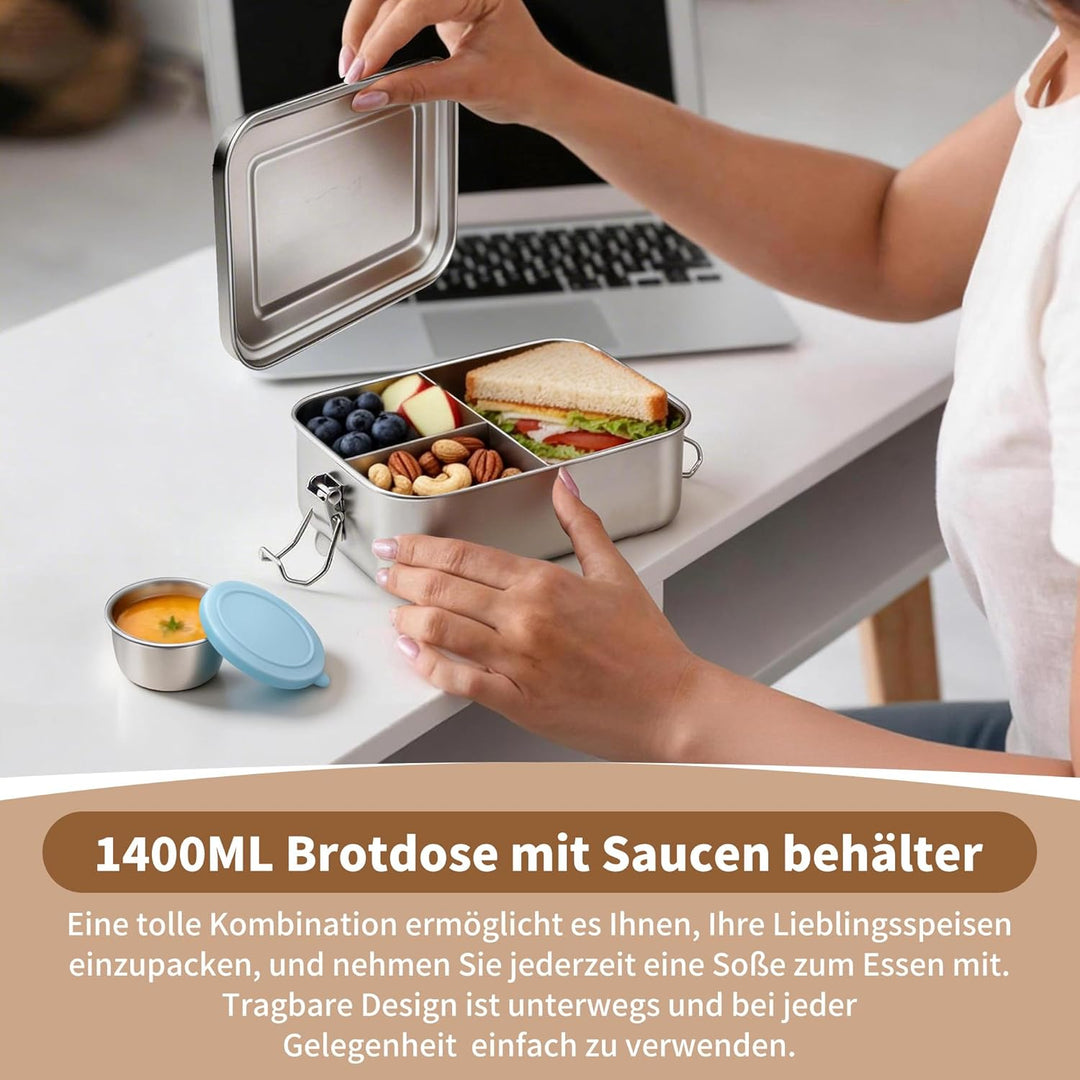 Onader Brotdose mit Fächern, 1400ML Edelstahl Bento Box mit Dressing Behälter und 1pc Abnehmbar Tren