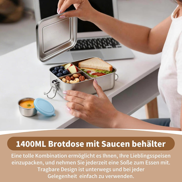 Onader Brotdose mit Fächern, 1400ML Edelstahl Bento Box mit Dressing Behälter und 1pc Abnehmbar Tren