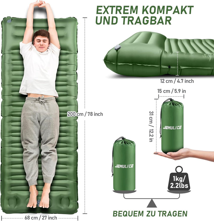JEMULICE Isomatte Selbstaufblasend, 12CM Hoch Luftmatratze Camping Kleines Packmass, Aufblasbare Mat