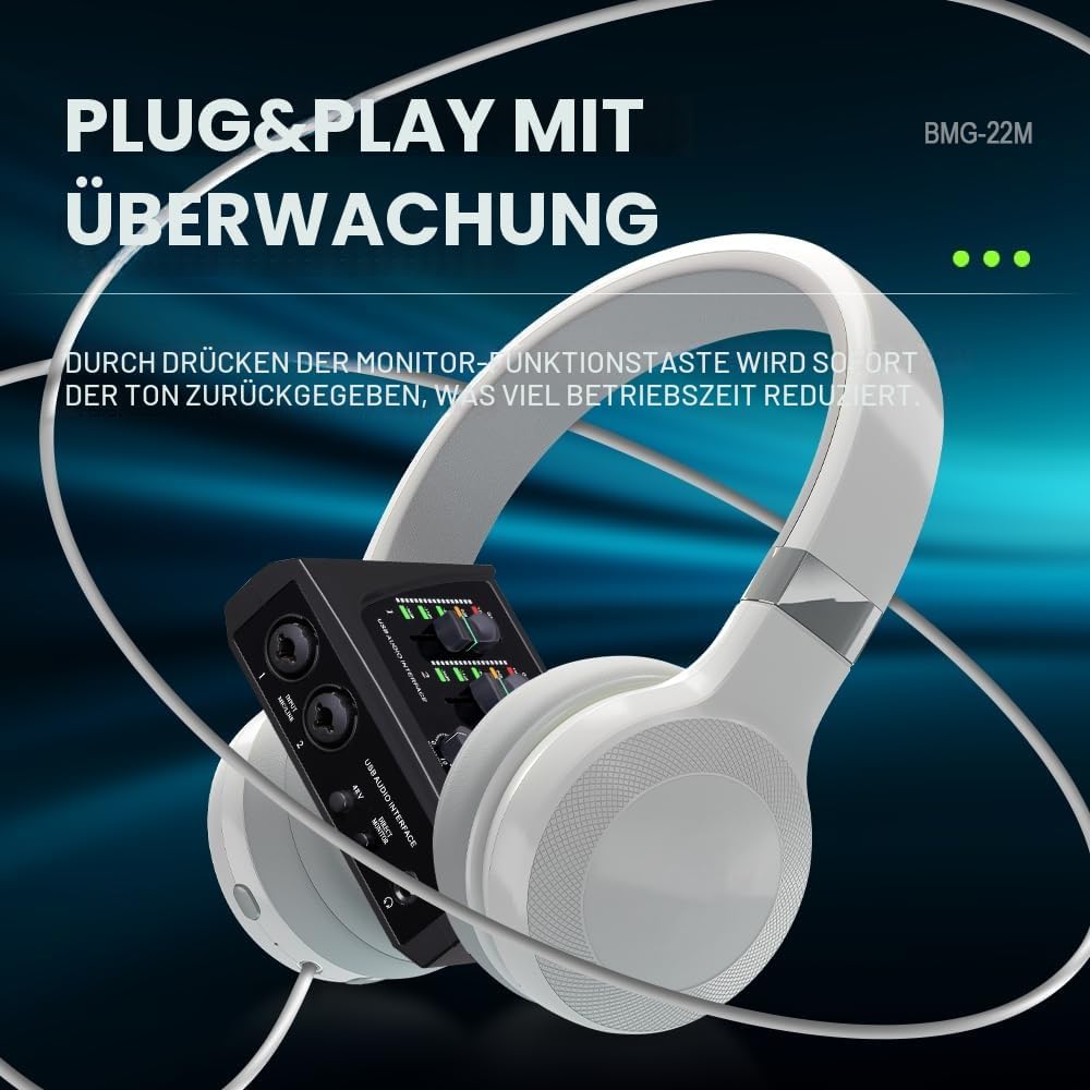 BOMGE Mini-2-Kanal-USB-Audio-Schnittstelle für Aufnahmen, Streaming und Podcasting, mit XLR/48 V Pha