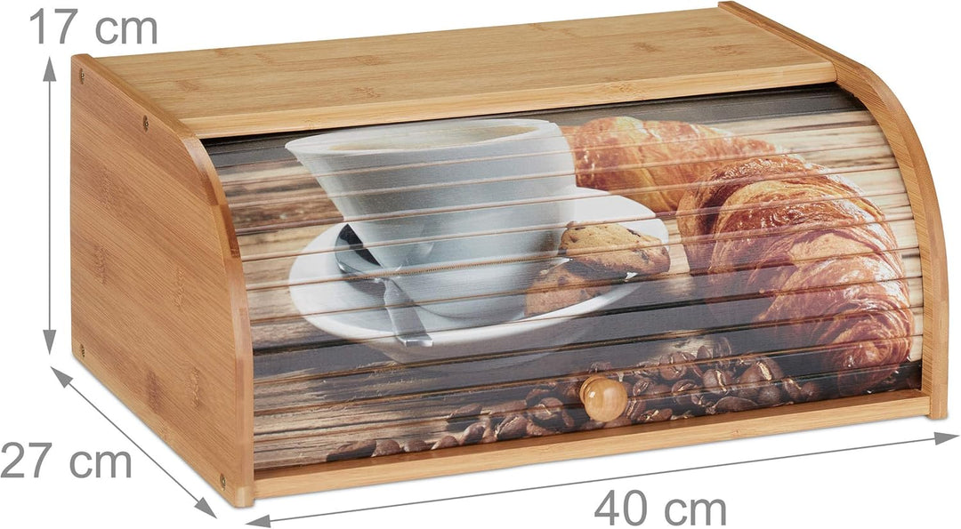 Relaxdays Brotkasten Bambus, Rolldeckel mit Motiv, aromadichte Brotaufbewahrung, mit Ablagefläche, H