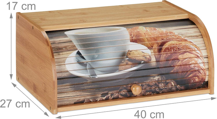 Relaxdays Brotkasten Bambus, Rolldeckel mit Motiv, aromadichte Brotaufbewahrung, mit Ablagefläche, H