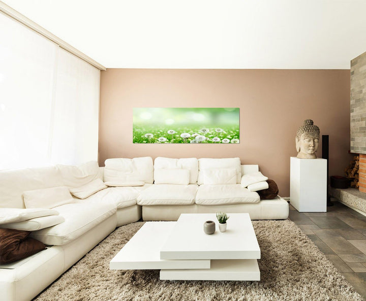 Paul Sinus Art Panoramabild auf Leinwand und Keilrahmen 150x50cm Wiese Pusteblumen Frühling