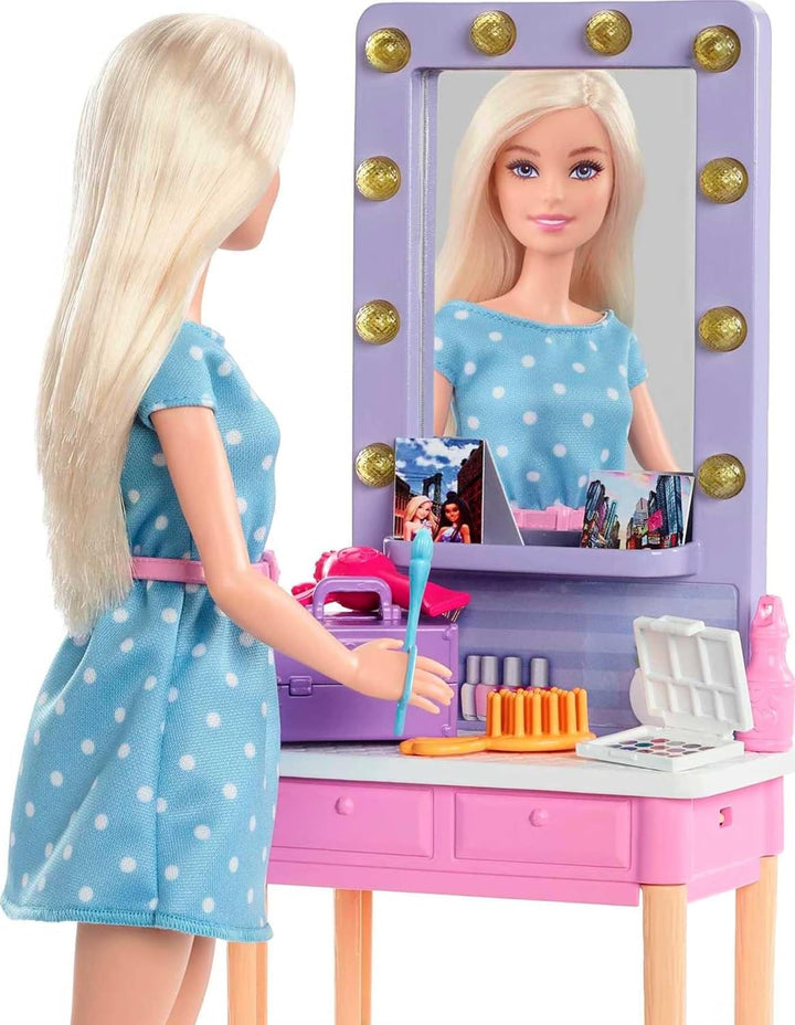 Barbie GYG39 - „Bühne Frei für grosse Träume“ Malibu Puppe (ca. 30 cm gross) mit Backstage-Schminkti
