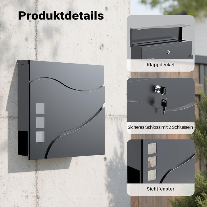 Wiltec Designer Briefkasten V28 Anthrazit 370 x 105 x 370 mm, Wandbriefkasten mit Schloss, Sichtfens