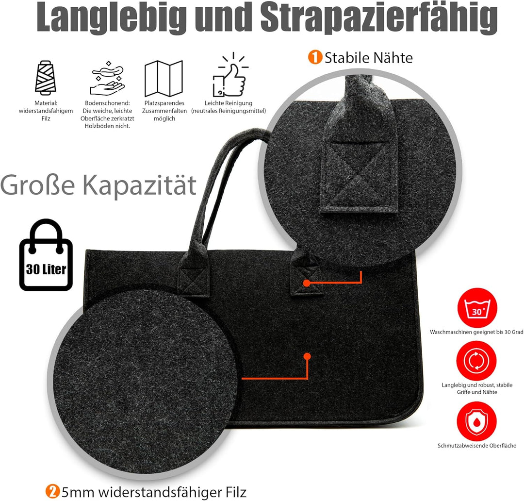 BigDean 3 Stück Filztasche gross in Anthrazit für Kaminholz oder als Shopper verwendbar – Kaminholzk