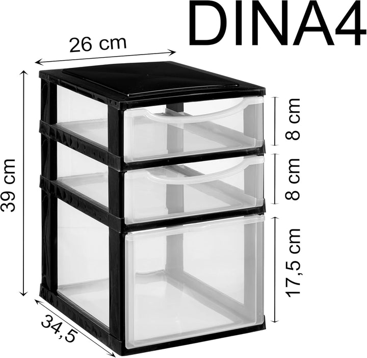 Hummelladen Schubladenbox DIN A4 mit 3 Schubladen 34,5x26x39 cm - Weiss-transparent Kunststoff Drawe
