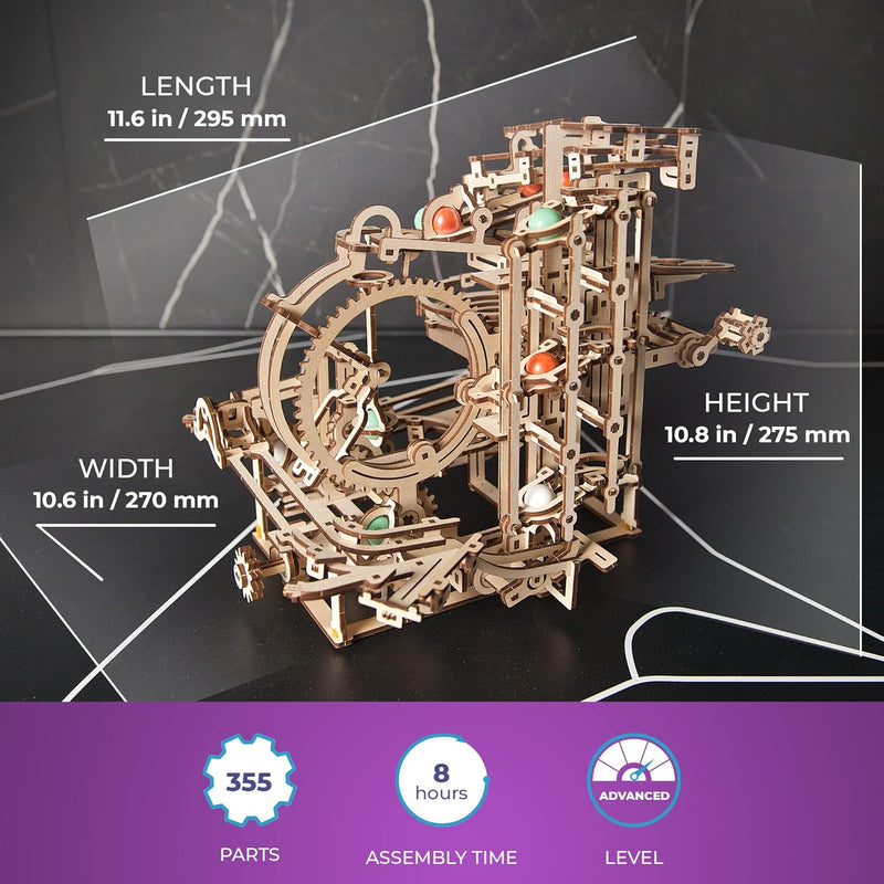 UGEARS Holz-Kugelbahn-Set – Vatertagsgeschenk, 3D-Puzzle, Holz-Kugelbahn, Stufenaufzug mit 3-stufige