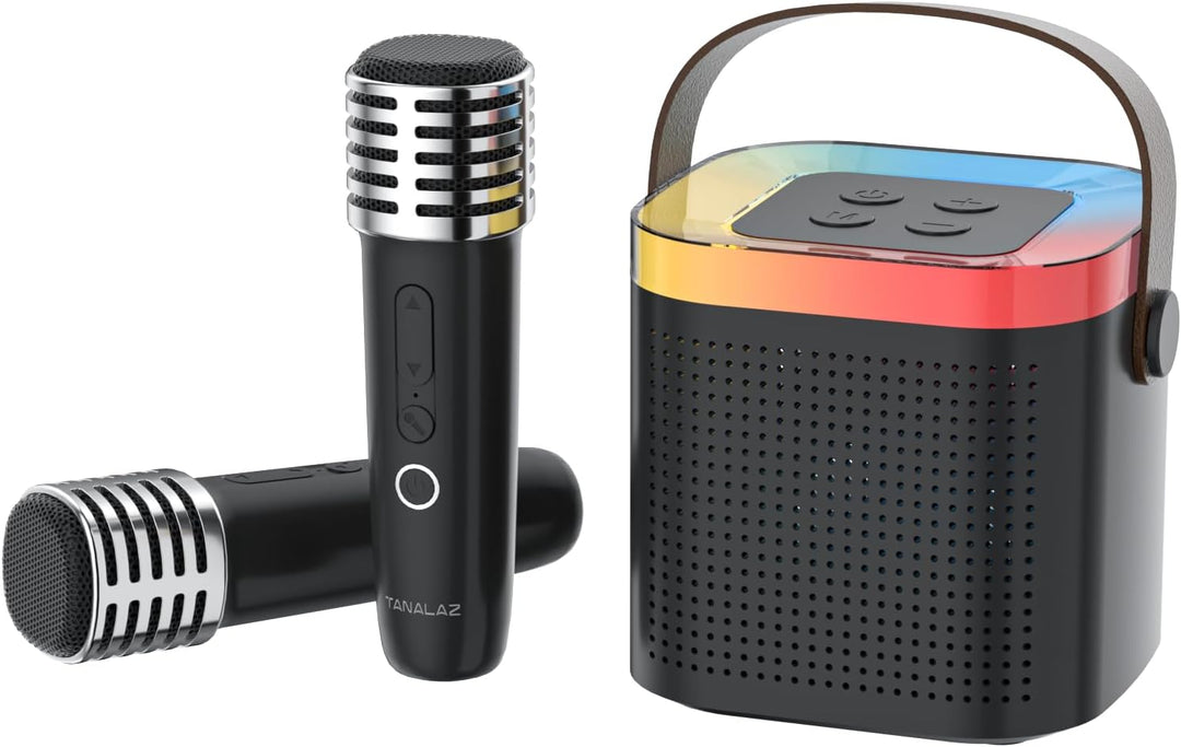 Karaoke-Maschine mit 2 drahtlosen Mikrofonen & Mikrofonbasis, Mini-Bluetooth-Singlautsprecher mit LE