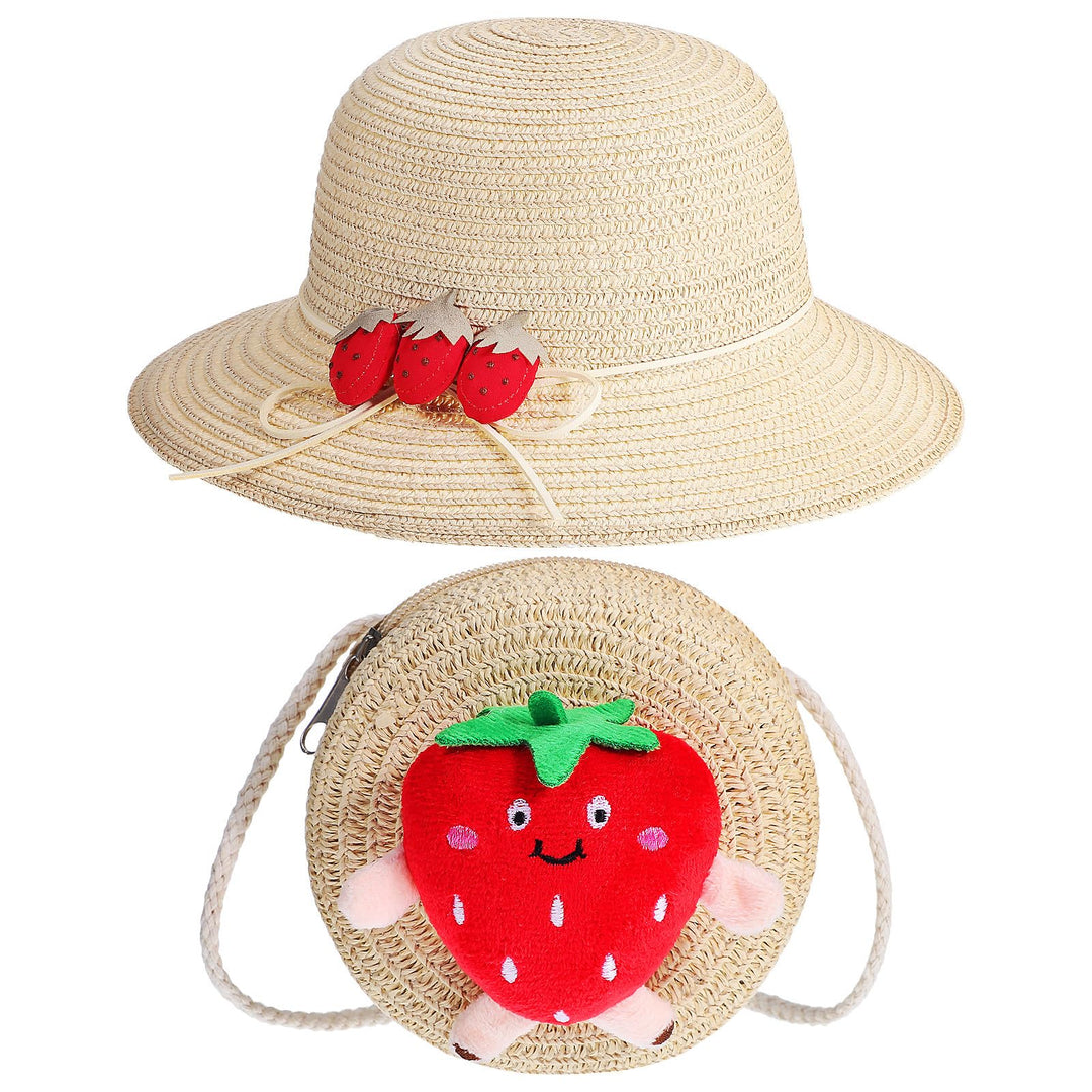 MAGICLULU Sommerstimmung mit Niedlicher Erdbeer Strohhandtasche und Passendem Hut Kleine Leichte Str