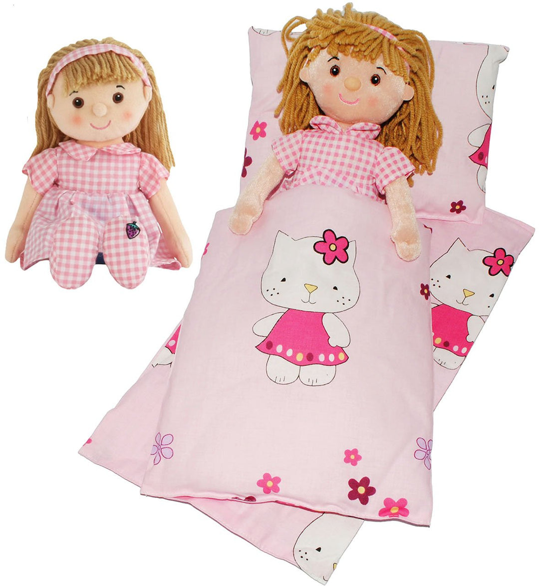 4 TLG. Set: Puppendecke & Kissen - mit Unterlage & Schmusepuppe - Mädchen mit rosa Kleid - aus 100%