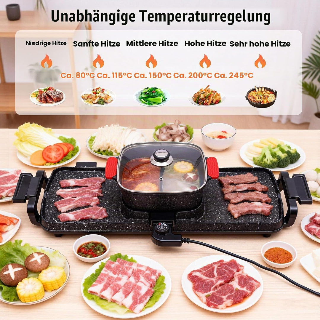 2 in 1 Elektrischer Hot Pot Grill, 1100W+2200W Multifunktionale BBQ Hot Pot, Korean Barbecue Hot Pot