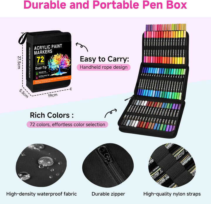 Acrylstifte Set 72 Farben, Dual Tip Acrylic Paint Marker mit Feiner Spitze und Pinsel, Acrylmarker W