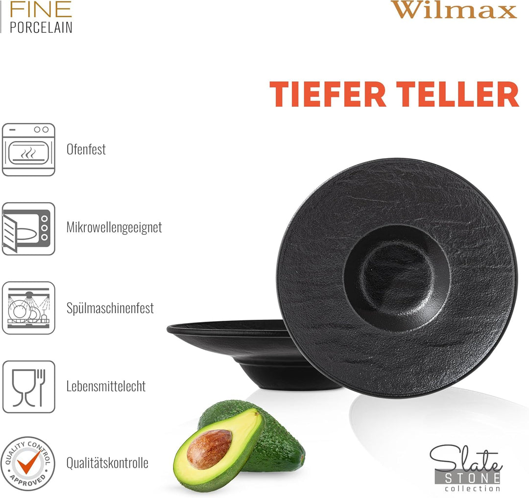 Wilmax | Tiefe Schalen - 2 Stück 27 cm / 250 ml | Schwarze Pastateller | Natursteintextur | Für Past