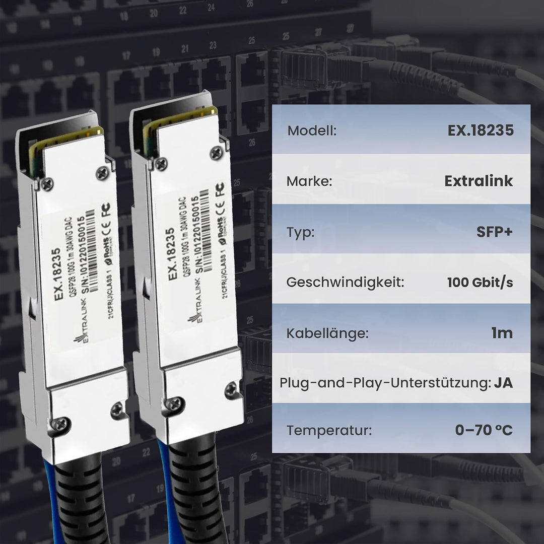Extralink DAC QSFP28 Kabel 1m – Passives Twinax Kabel 100Gbit, QSFP28 zu QSFP28, MSA kompatibel, für