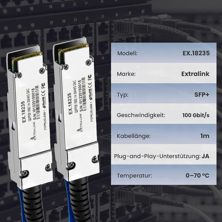 Extralink DAC QSFP28 Kabel 1m – Passives Twinax Kabel 100Gbit, QSFP28 zu QSFP28, MSA kompatibel, für