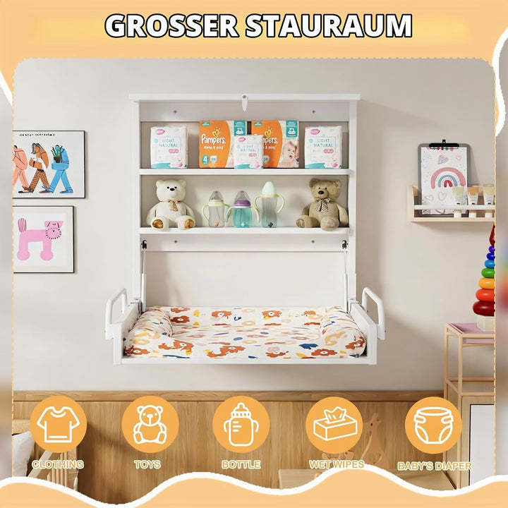 MSFE Wickelkommode Wickeltisch Klappbar, Baby Changing Table Wandwickeltisch mit 3 Regalfächern, Wic