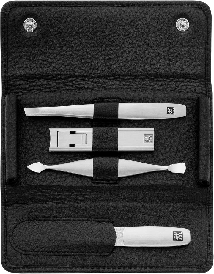 ZWILLING Maniküre Set, Pediküre Kit aus Rindleder 4-teilig mit Nagelknipser, Premium, Schwarz