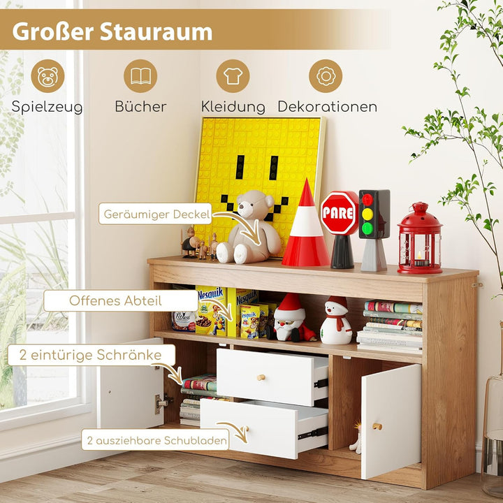 COSTWAY Spielzeugschrank Kinder, Kinderregal aus Holz, Kinderschrank mit 2 Schubladen & 2 Türen, Spi