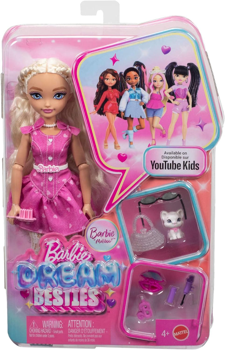 Barbie Dream Besties Malibu Modepuppe und Accessoires, beweglich mit blonden Haaren und Spielteilen