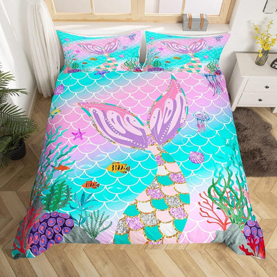 Meerjungfrauen Schwanz Bettbezug Fischschuppen Bettbezug für Kinder Girly 135 x 200 Regenbogen Bettw